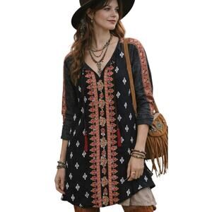 Anthropologie Embroidered Floral Tassel Dress XS Black Boho Indie Folk Hippie